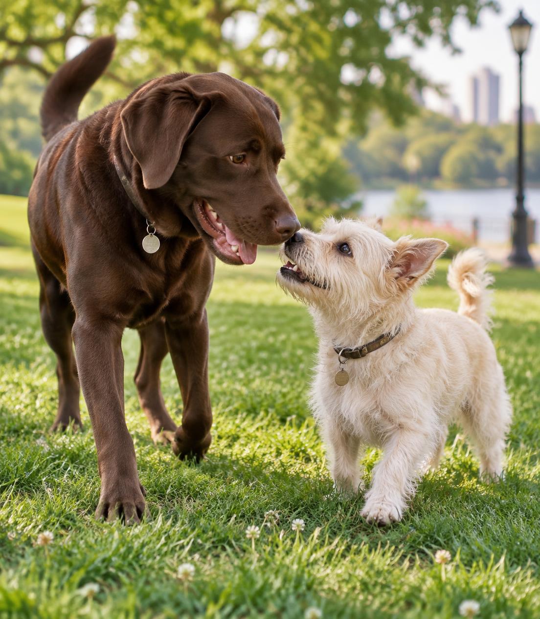 A Labrador and a terrier greeting nose to nose